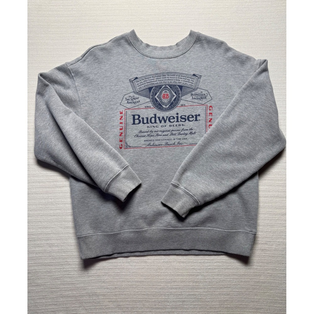 Brew City Budweiser King of Beers Graphic Sweatshirt Gray Crewneck Mens Medium